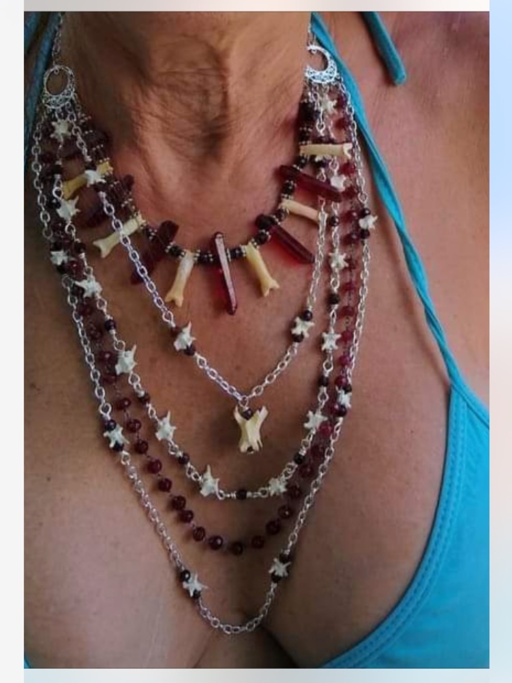 Multi strand silver tone , nine and gemstone necklace
